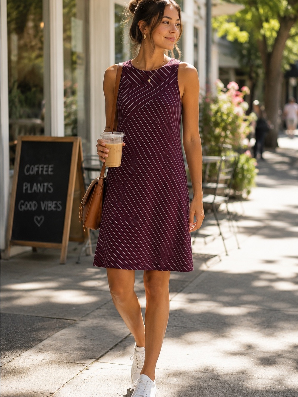Athleta Burgundy Striped Swing Dress Modal‎ Stretch Sleeveless Travel Casual SP